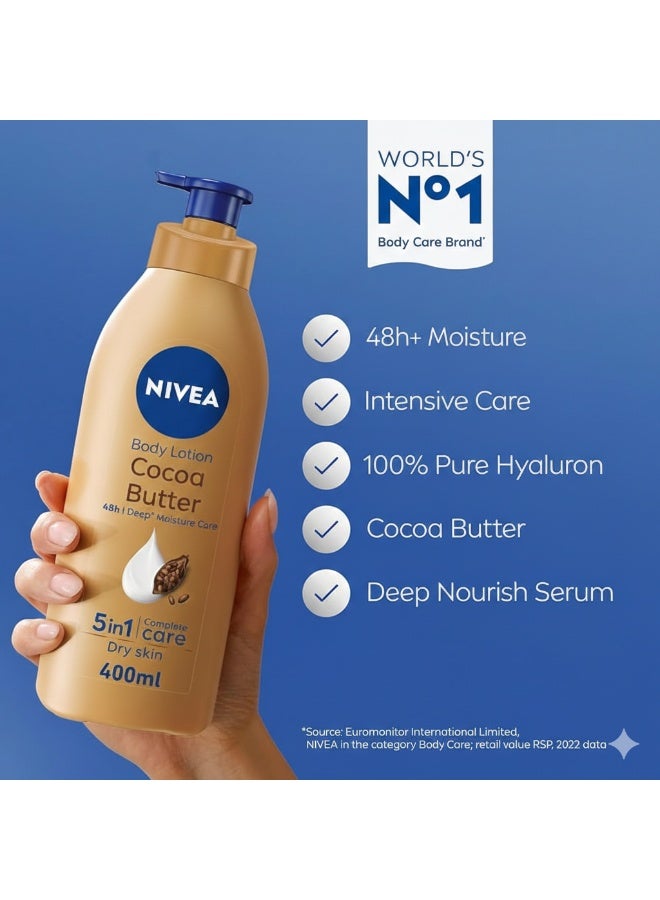 NIVEA Body Lotion, Dry Skin, Cocoa Butter, 48H Deep Moisture, 400ml - Image 2